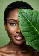 Elegant Black Woman with Water Droplets and Tropical Leaf