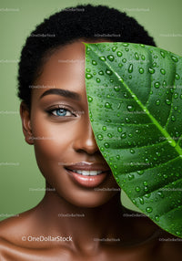 Elegant Black Woman with Water Droplets and Tropical Leaf