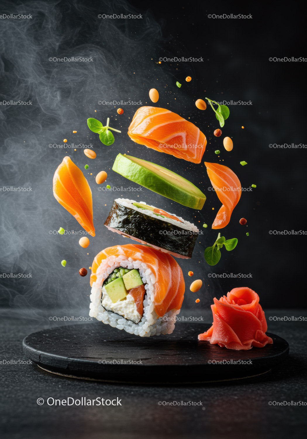 Creative Floating Salmon Sushi Roll with Fresh Ingredients