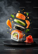 Creative Floating Salmon Sushi Roll with Fresh Ingredients