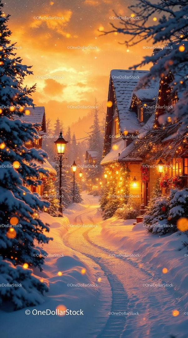 Winter Village Lane Illuminated by Warm Lights at Sunset