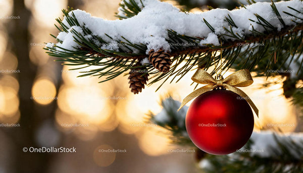 Red Christmas Ornament Hanging on Snowy Pine Branch