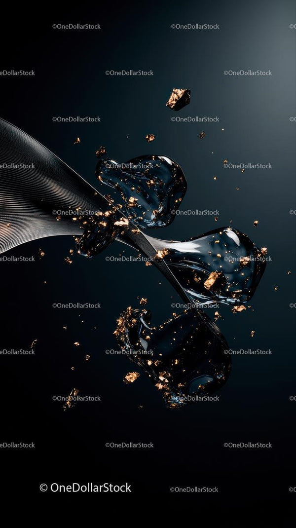 Abstract Glass Droplets with Gold Flakes on Dark Background