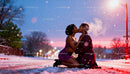 Couple sharing a tender kiss on snowy city street