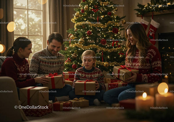 Family Unwrapping Christmas Gifts by Decorated Tree