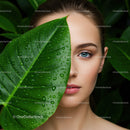 Close-Up of Blue-Eyed Woman with Large Green Leaf Covered in Water Droplets