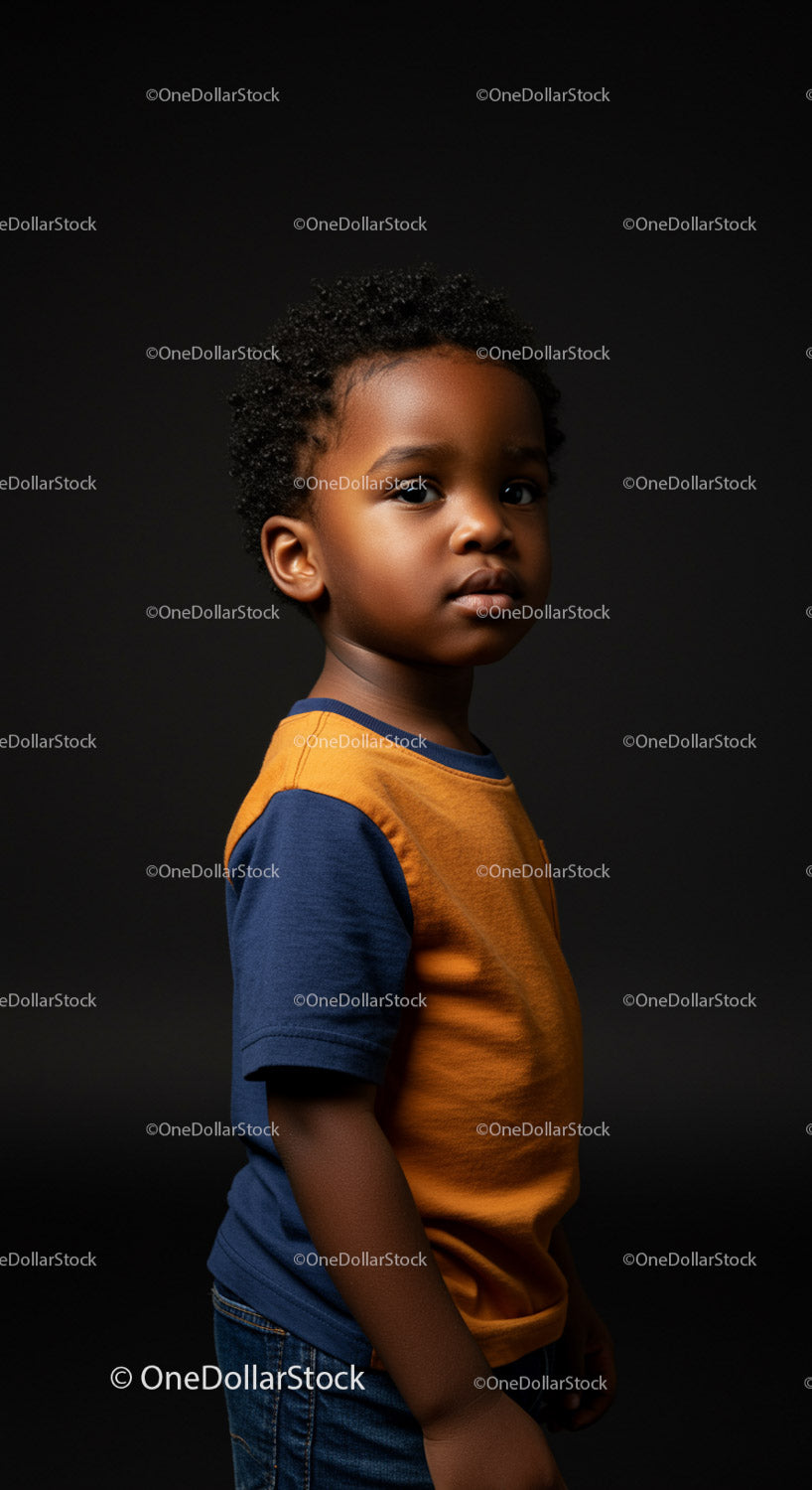 Portrait of a Curious Young Boy Against Dark Background
