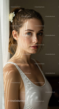 Portrait of a Young Woman with Freckles and Blue Eyes in Sunlight