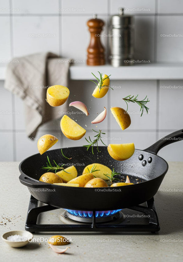 Fresh potatoes tossing with garlic and rosemary in skillet