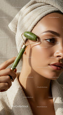Close-Up of Woman Using Jade Roller for Facial Massage in Spa Setting