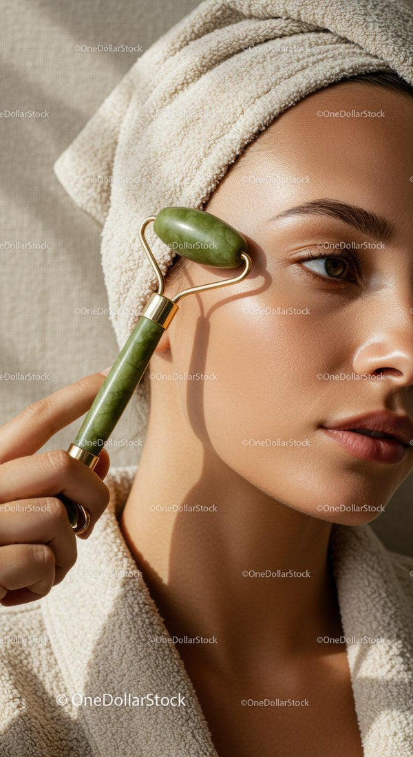 Close-Up of Woman Using Jade Roller for Facial Massage in Spa Setting