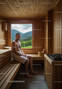 Man Relaxing in Wooden Sauna With Mountain Landscape View