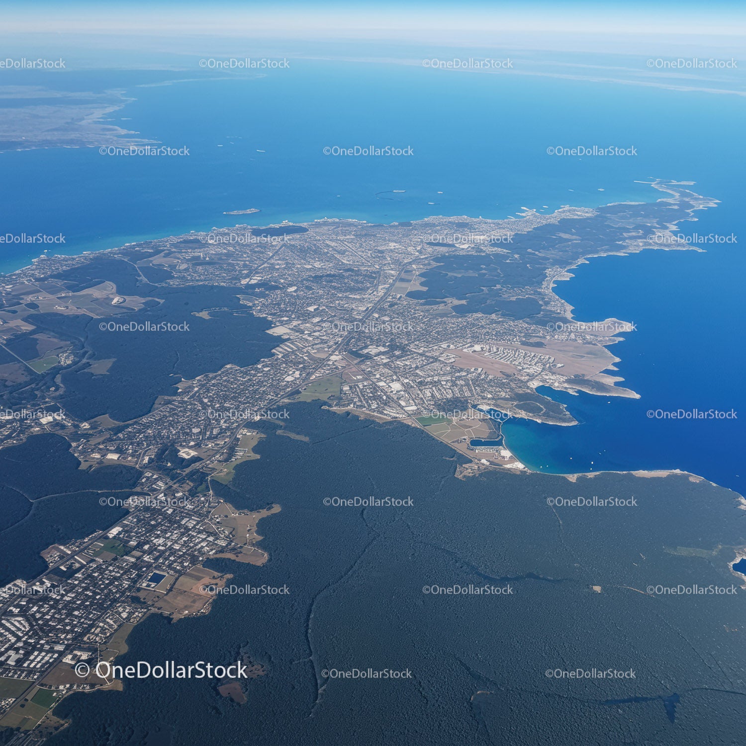 Widok na miasto z widokiem na ocean i zielone lasy