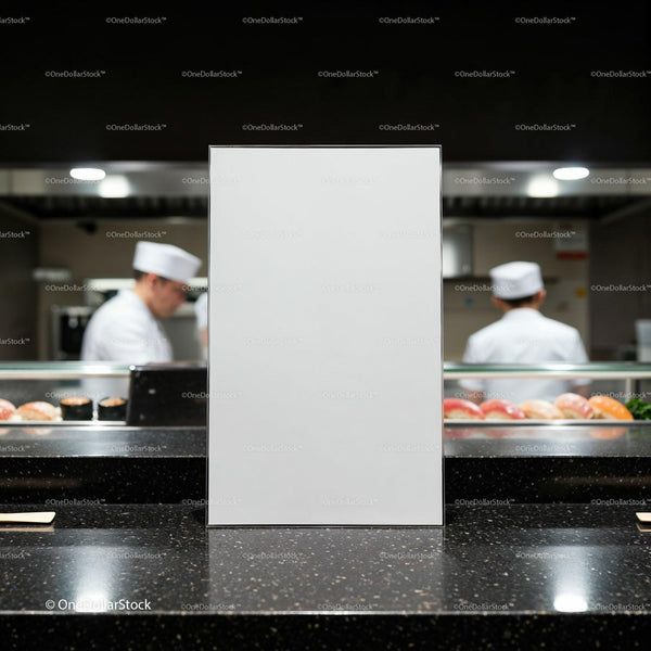 Blank Menu Stand in Modern Sushi Restaurant Counter JPG Mockup Image