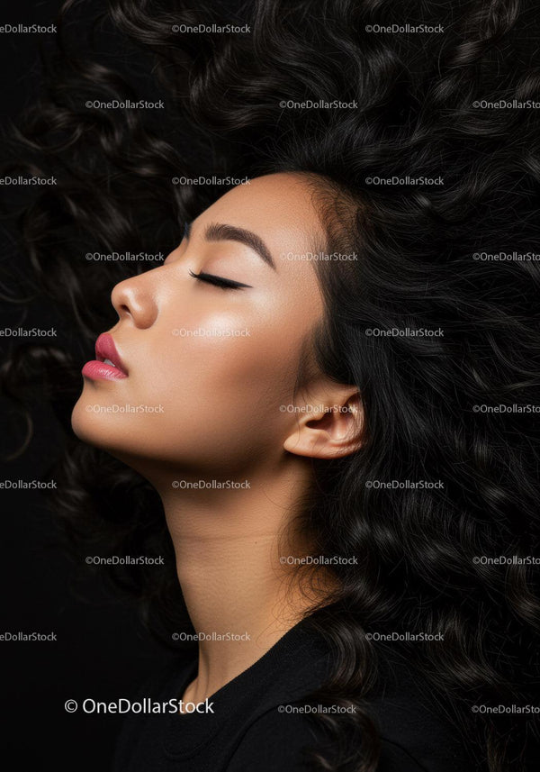 Calm woman with closed eyes and flowing curly hair