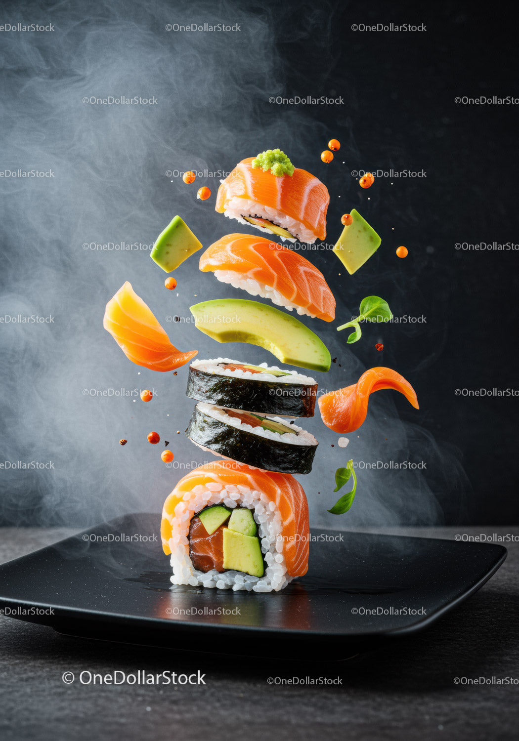 Sushi z łososiem, awokado i pływającymi składnikami