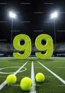 Tennis balls arranged in number 99 on court at night