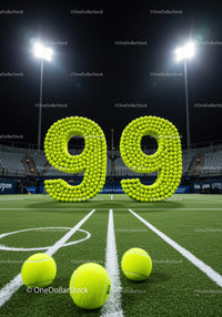 Tennis balls arranged in number 99 on court at night