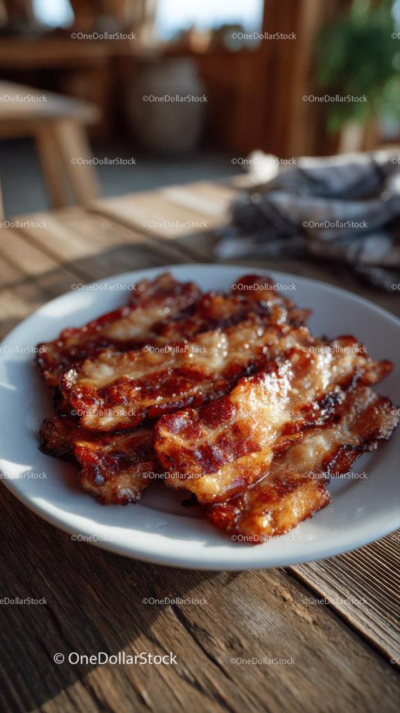 Crispy Bacon Strips on Rustic Wooden Table for Breakfast or Meal