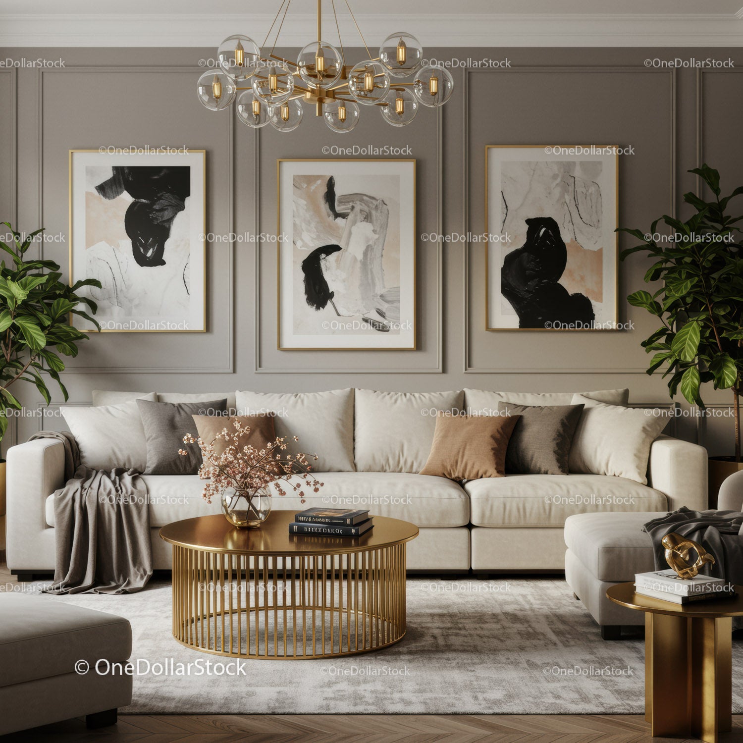 Modern living room with elegant beige sofa and gold accents