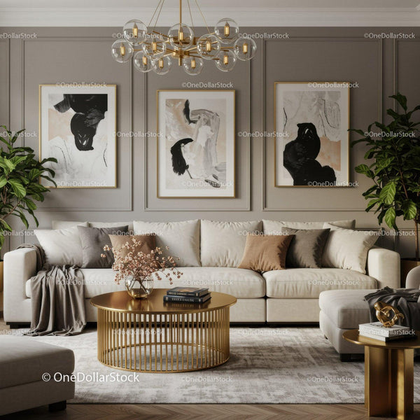 Modern living room with elegant beige sofa and gold accents
