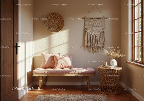 Cozy corner with cushioned bench and decorative accents