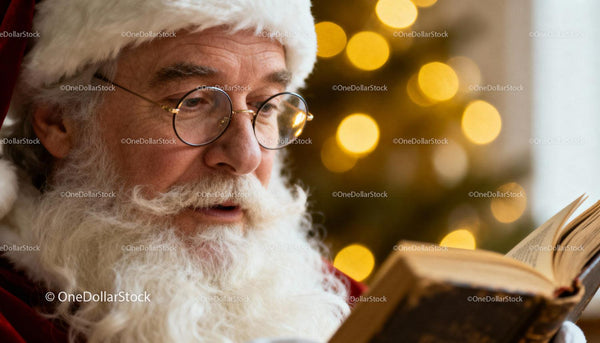 Santa Claus Reading an Old Book Near Christmas Tree Lights