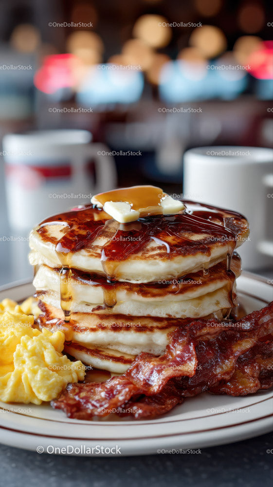 Sweet Pancakes with Bacon and Maple Syrup on a Breakfast Plate