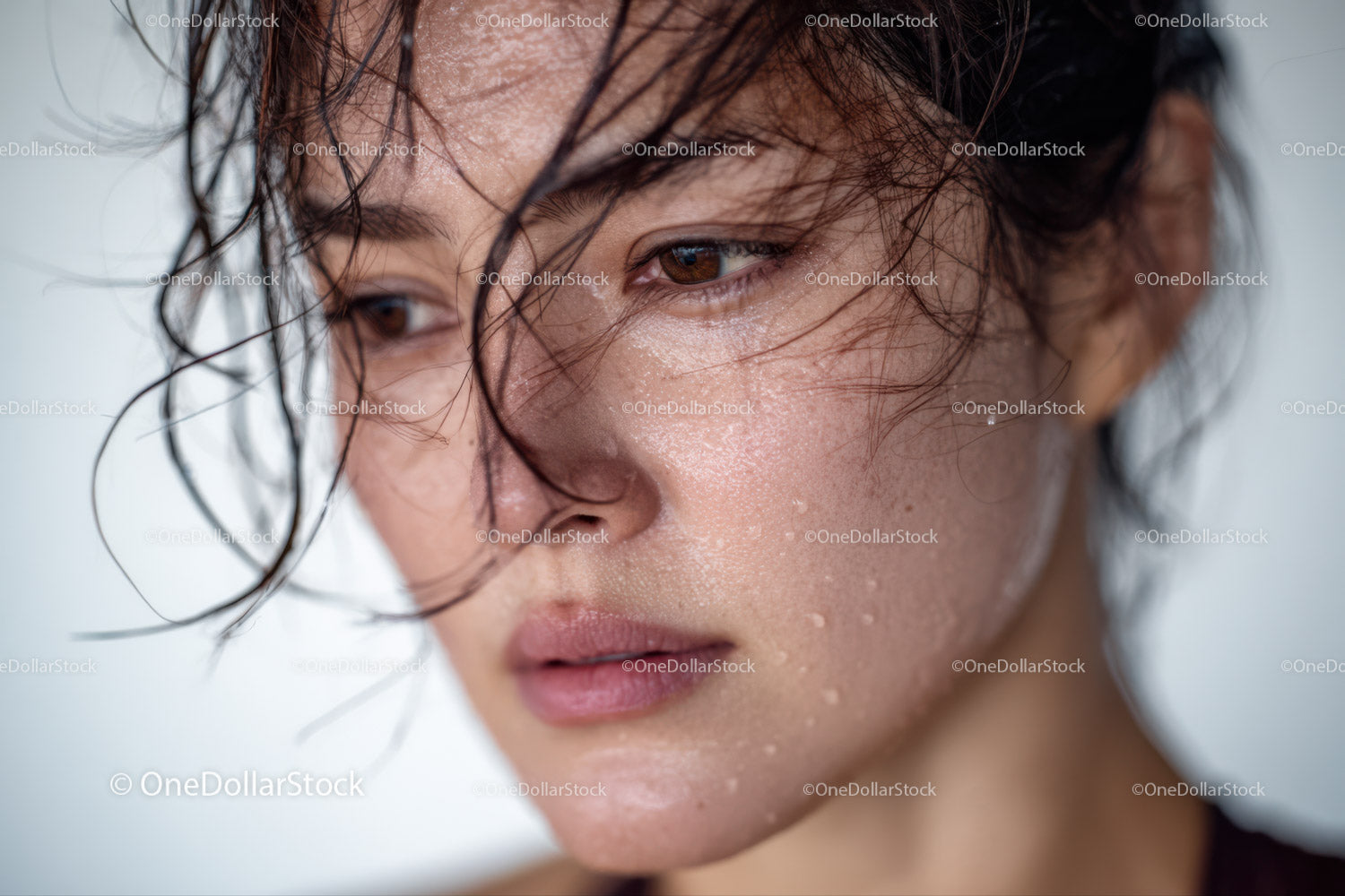 Close-up of a woman with wet hair and water droplets on her skin