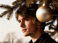 Thoughtful young man near decorated Christmas tree