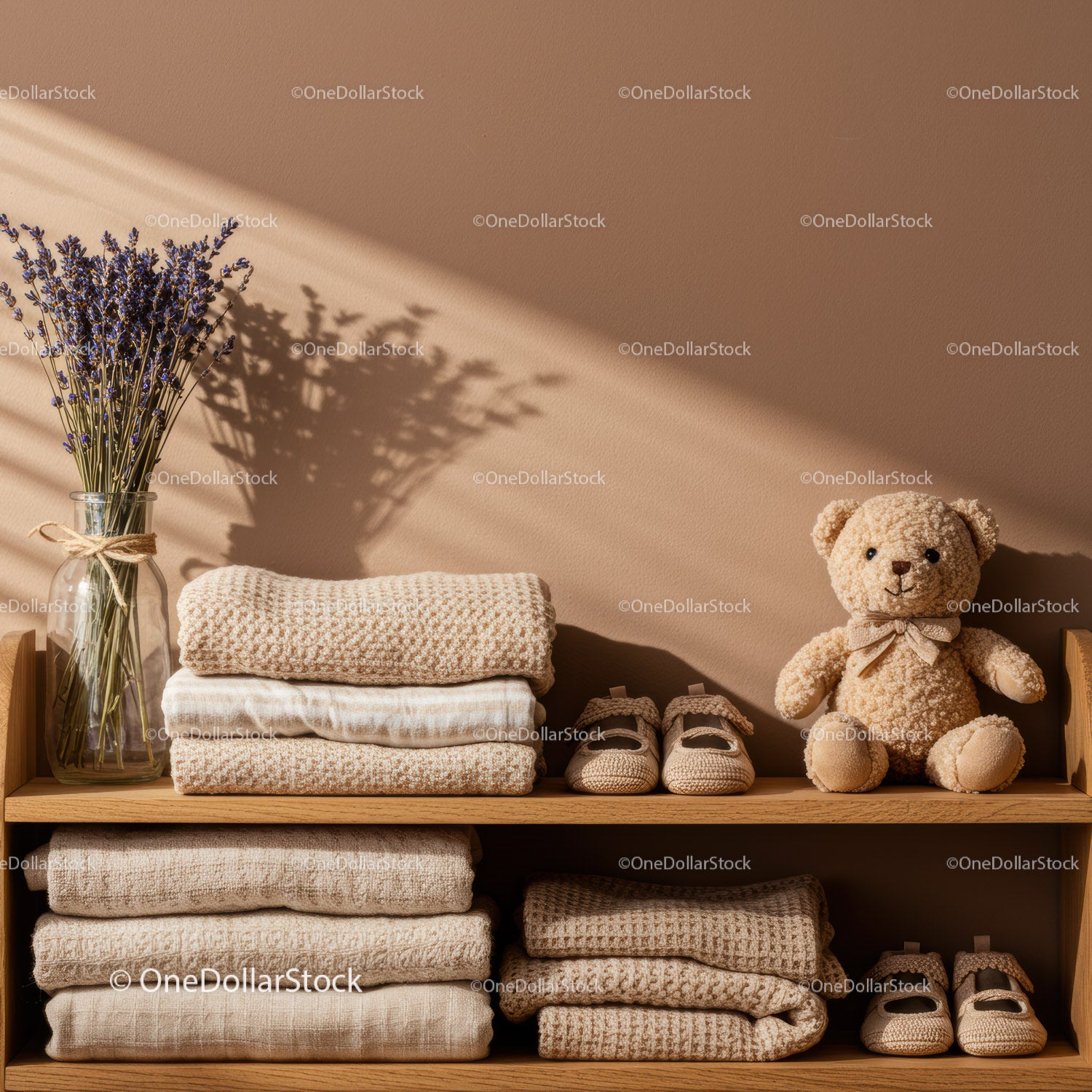 Cozy beige knitted textiles and baby shoes on shelf