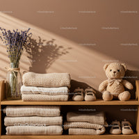 Cozy beige knitted textiles and baby shoes on shelf
