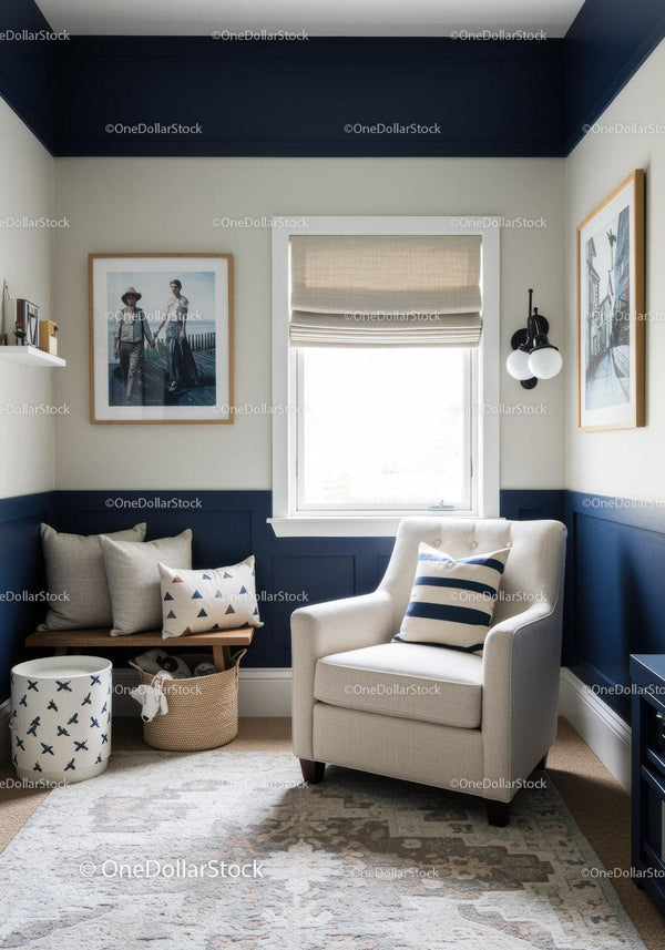 Modern Cozy Reading Corner with Navy Blue Wall Panels and White Armchair