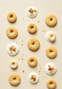 Round corn snacks with yogurt and crumb toppings