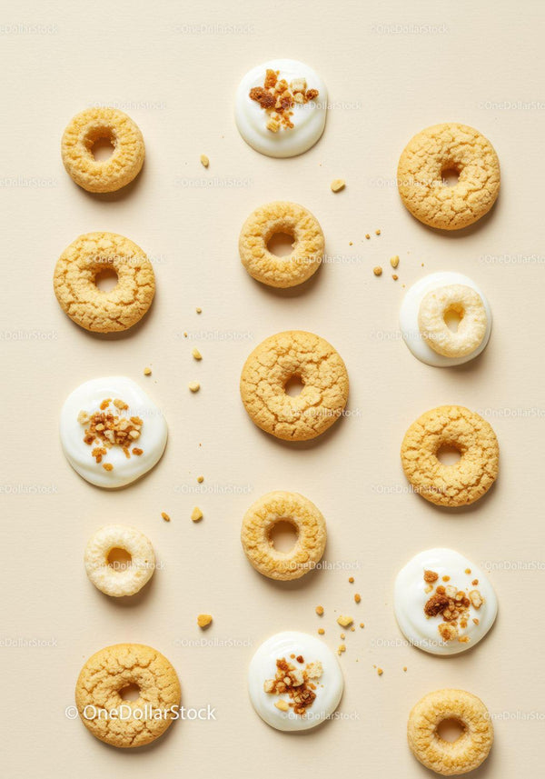 Round corn snacks with yogurt and crumb toppings