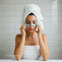 Woman relaxing with under eye patches in bathroom