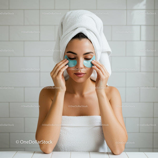 Woman relaxing with under eye patches in bathroom