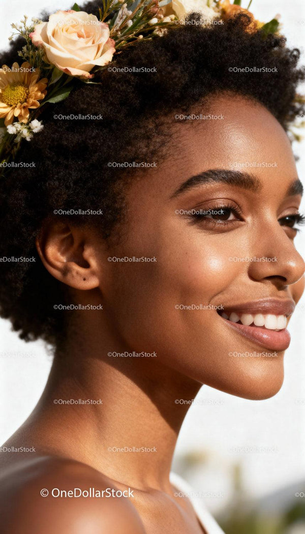 Smiling woman with natural hair and floral crown outdoors