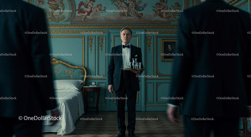 Elegant Waiter in a Luxurious Vintage Setting Serving Drinks