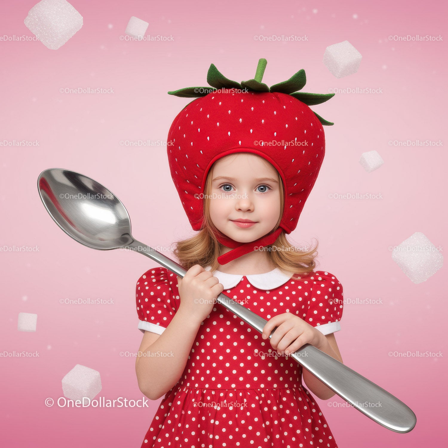 Little girl in strawberry hat holding giant spoon