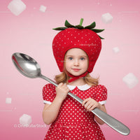 Little girl in strawberry hat holding giant spoon