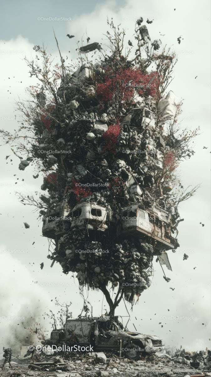 Dystopian Landscape with Wreckage and Fallen Trees in Apocalyptic Scene