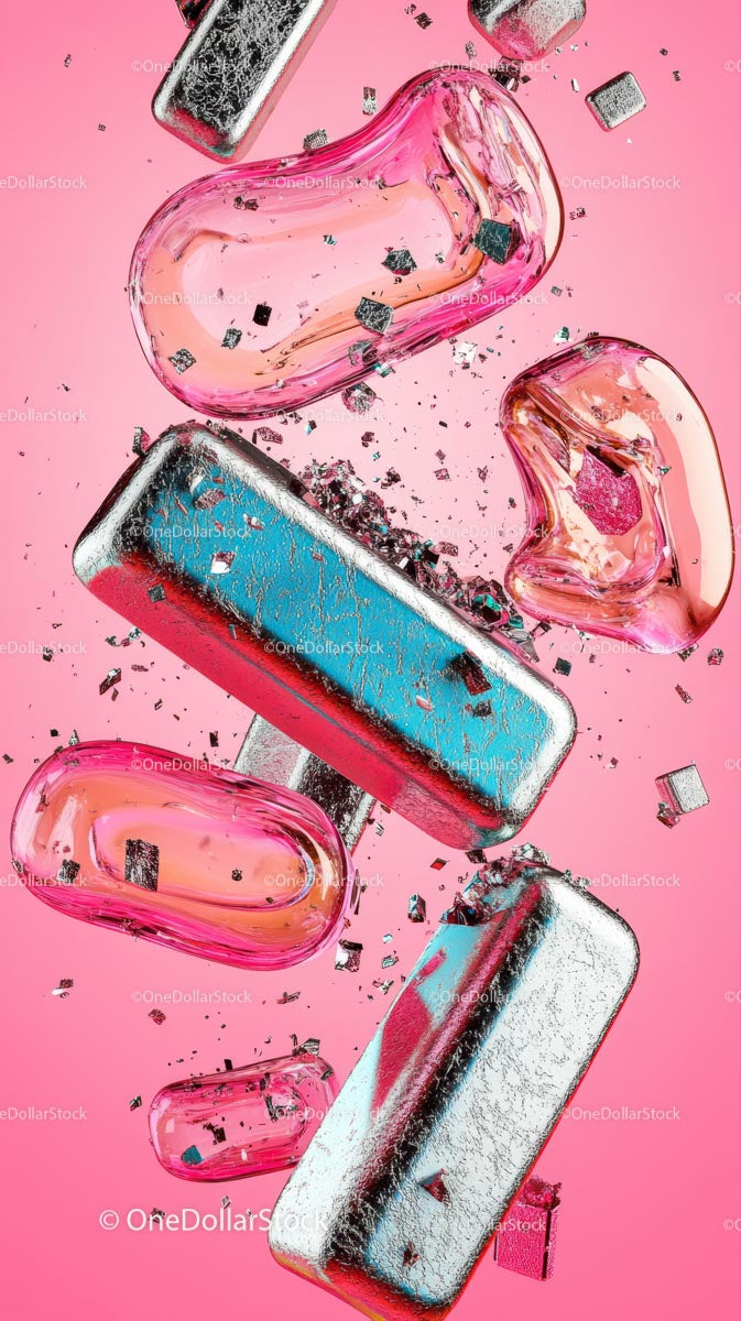 Colorful Ice Cubes with Melting Effect on Bright Pink Background