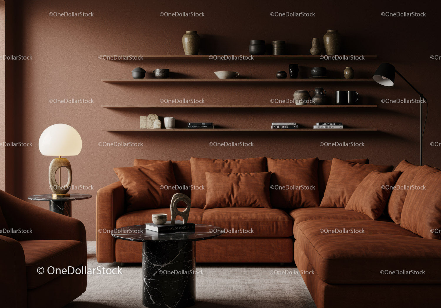 Cozy living room with modern terracotta sofa and decor
