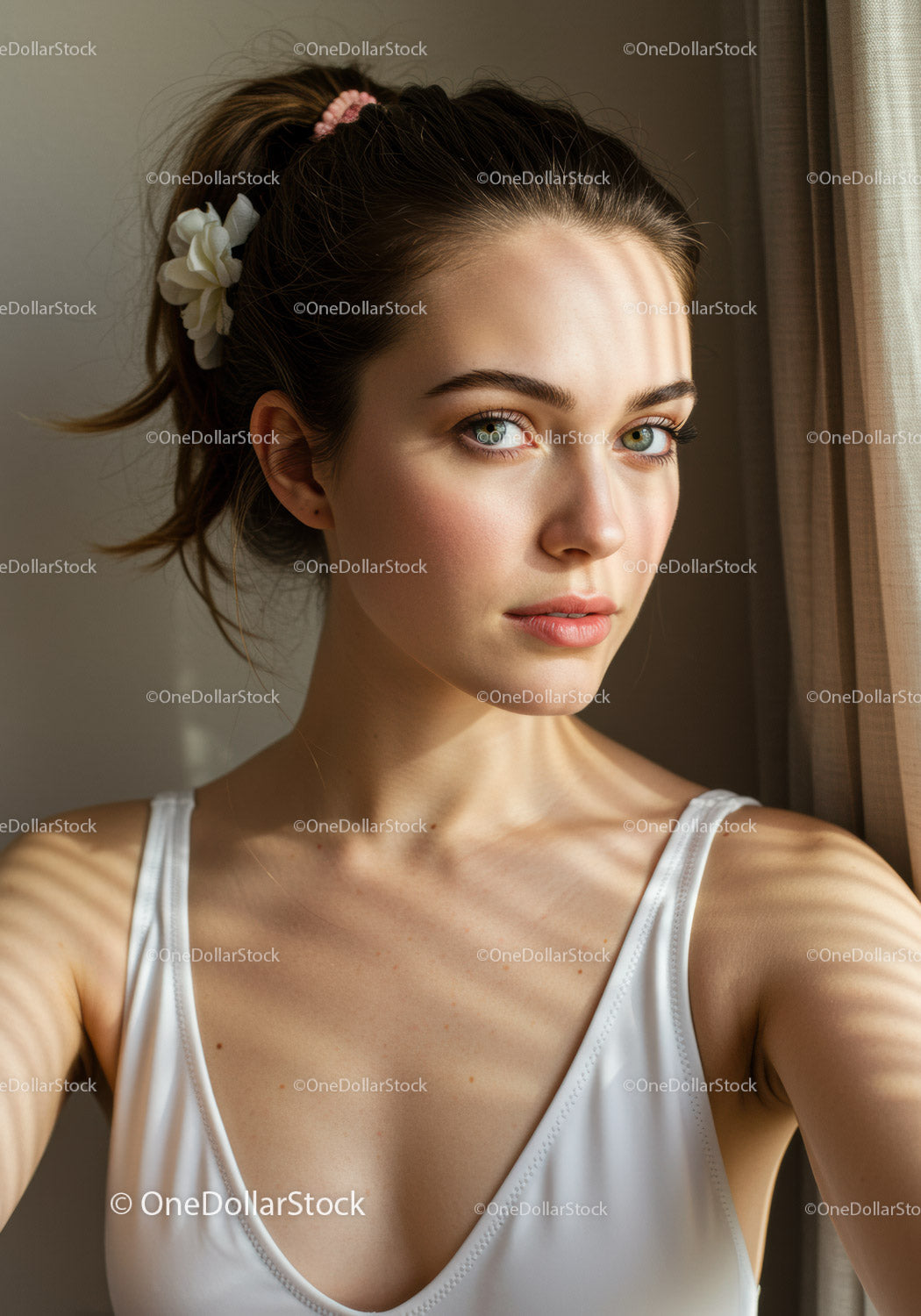 Portrait of a Young Woman with Green Eyes and Natural Beauty