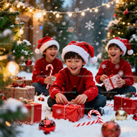 Happy boys in Santa hats opening Christmas gifts