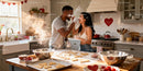 Couple playfully baking heart cookies in sunlit kitchen