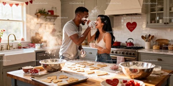 Couple playfully baking heart cookies in sunlit kitchen