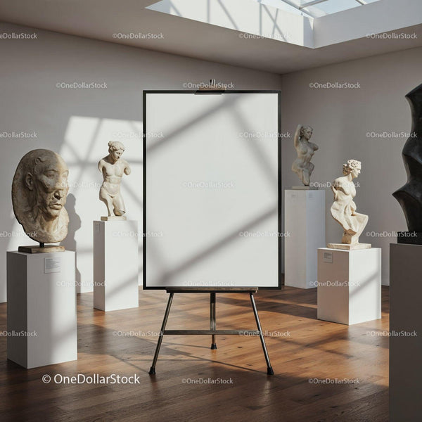 Empty canvas in bright art gallery with classical sculptures JPG Mockup Image