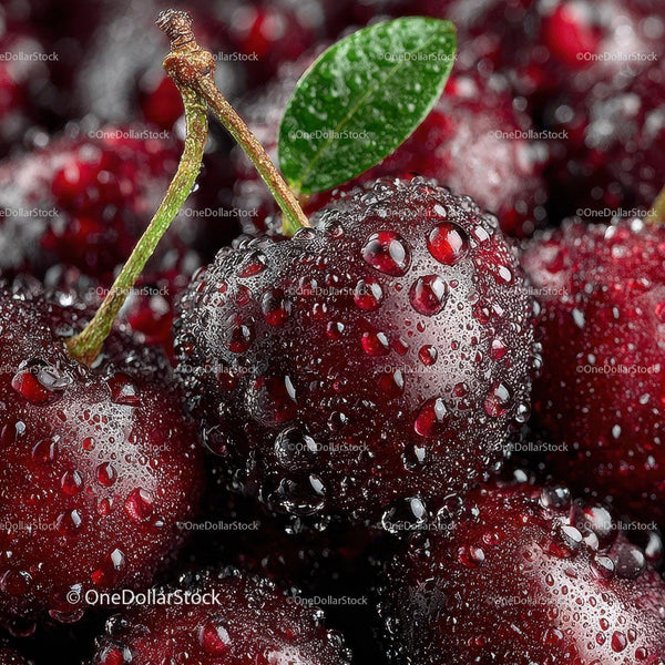 Red and Black Ripe Cherries with Dew Drops in Close Up Macro